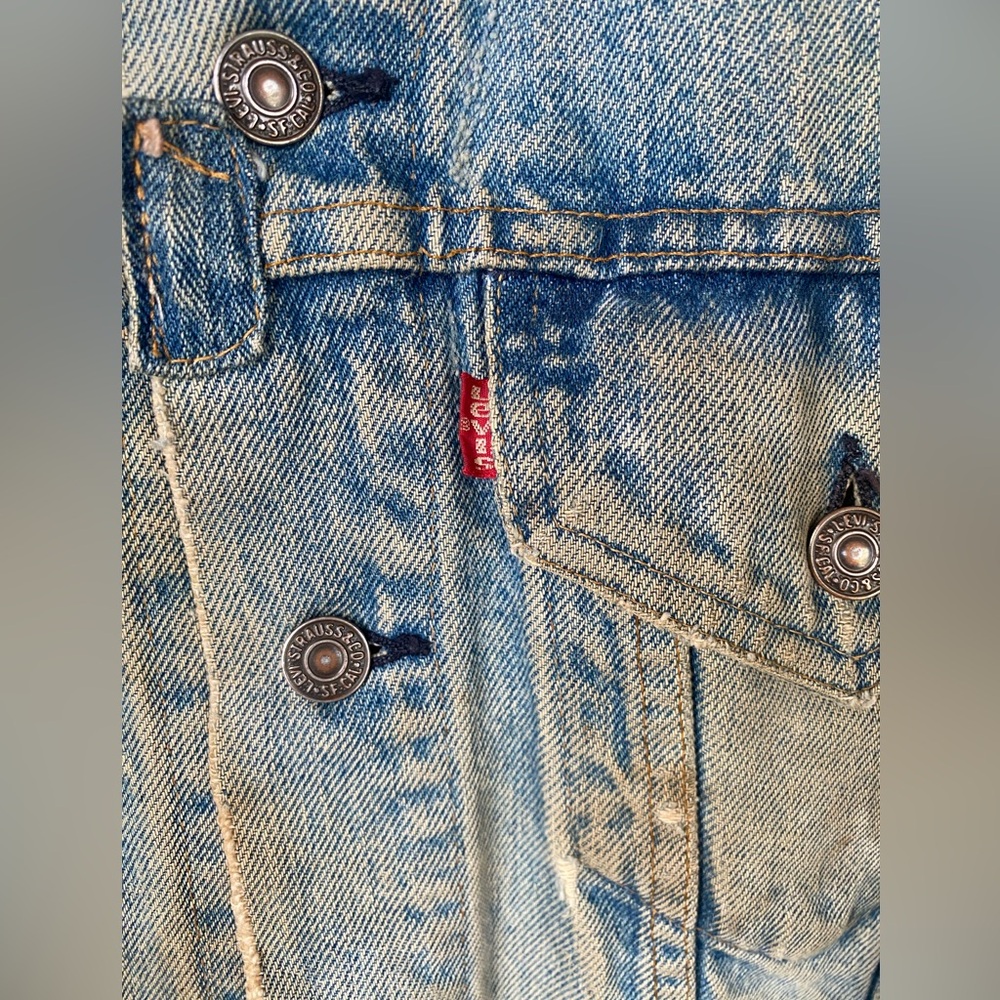 Vintage 70s 80s Levis OOAK Zig Zag Man Patchwork Denim Trucker Jacket Smoker - Picture 6 of 16